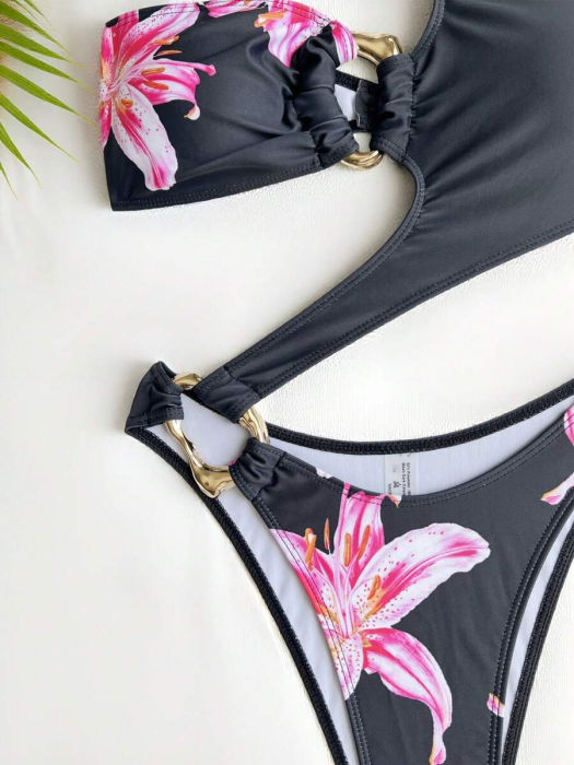 Costum de baie intreg, negru cu model floral [3]