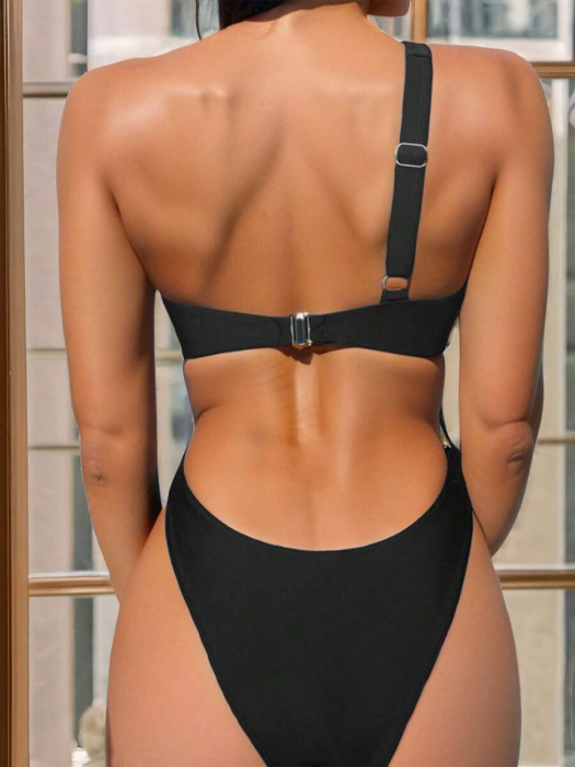 Costum de baie intreg, negru cu model floral [2]