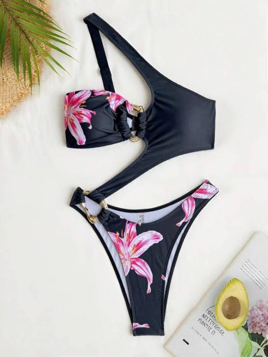 Costum de baie intreg, negru cu model floral [4]