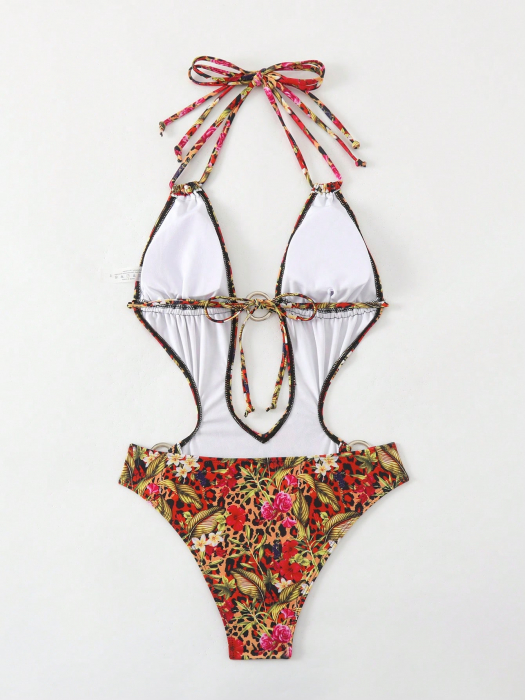 Costum de baie intreg, cu aspect floral si spatele gol [6]