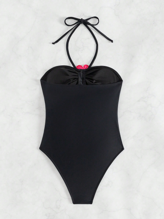 Costum de baie intreg, cu decupaje si flori 3D [4]