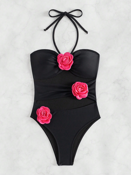 Costum de baie intreg, cu decupaje si flori 3D [6]