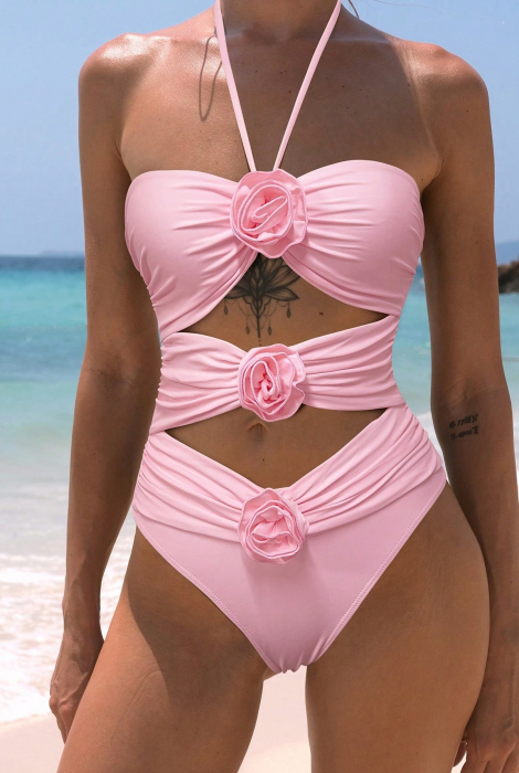 Costum de baie intreg, cu decupaje si trandafiri decorativi [3]