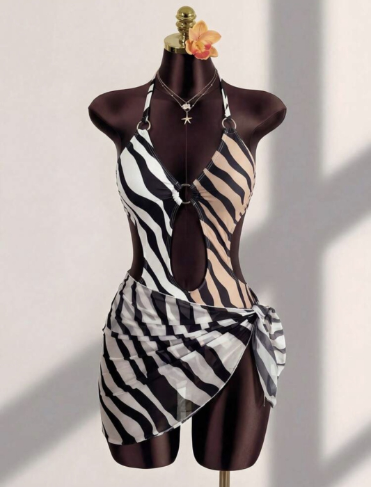 Costum de baie intreg cu pareo si model print [2]