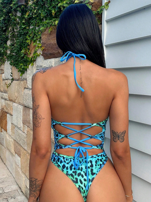 Costum de baie intreg, cu imprimeu animal print si slip tanga [2]