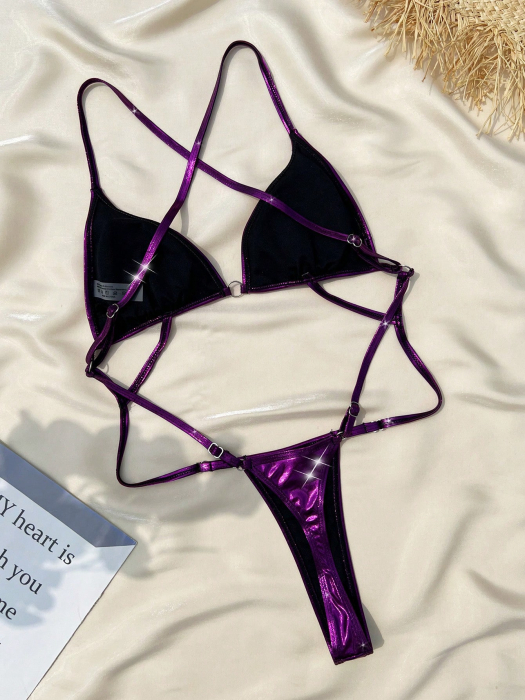 Costum de baie intreg cu spatele gol, mov, tanga [2]
