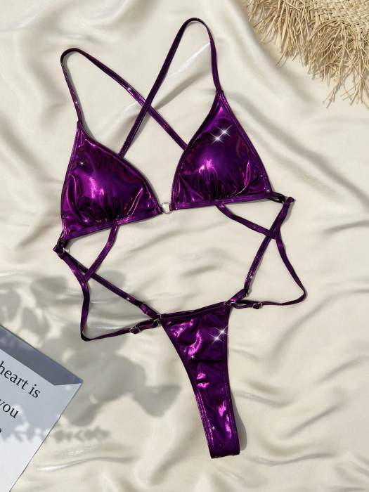 Costum de baie intreg cu spatele gol, mov, tanga [4]