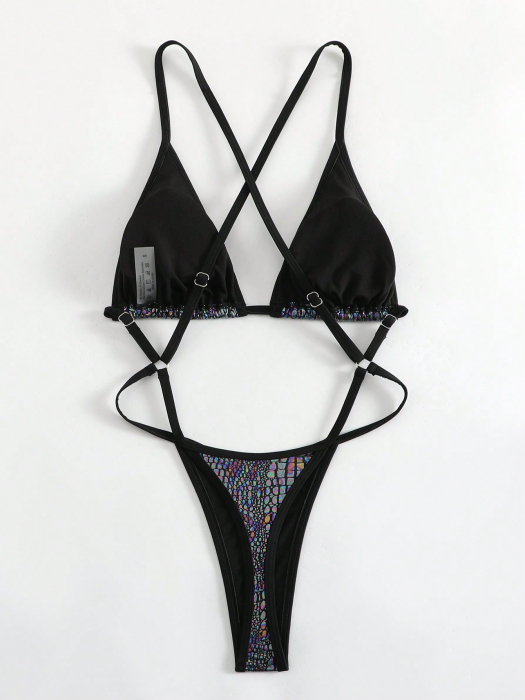 Costum de baie intreg cu spatele gol si aspect metalic [5]