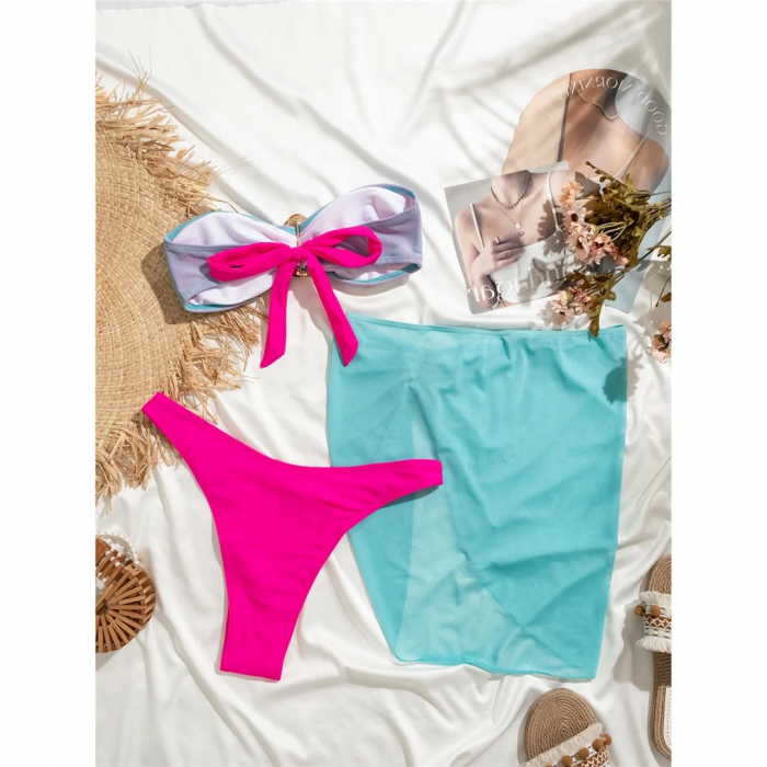 Costum de baie multicolor, cu accesoriu metalic [5]