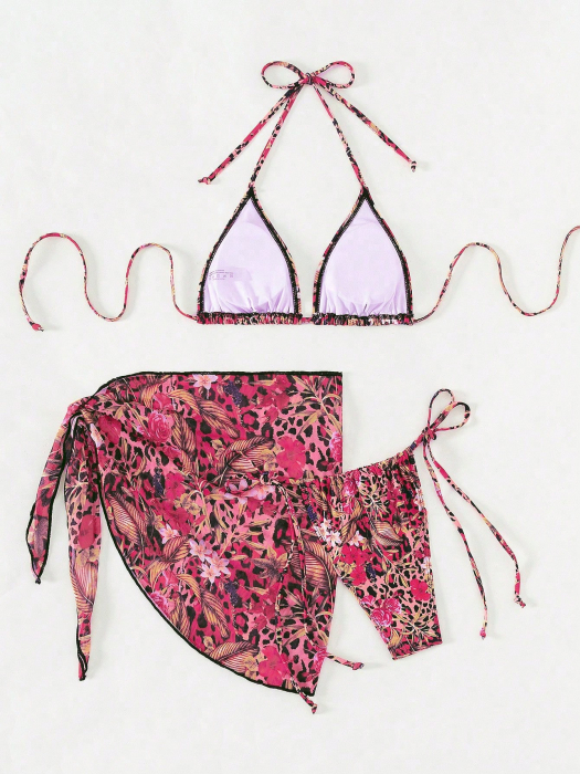 Costum de baie, multicolor, cu 3 piese si imprimeu floral [5]