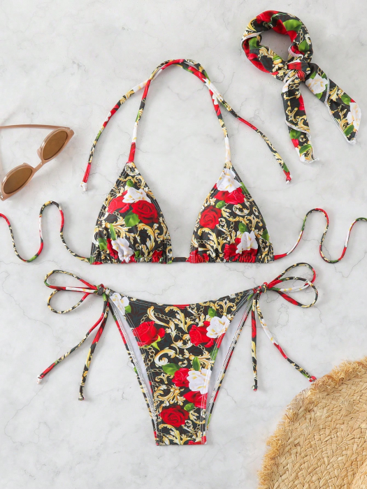 Costum de baie multicolor, din 3 piese, cu imprimeu floral [4]
