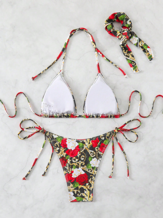 Costum de baie multicolor, din 3 piese, cu imprimeu floral [3]