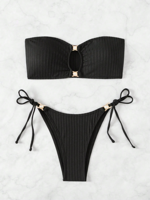 Costum de baie, negru,  din 2 piese, cu aplicatii metalice [3]