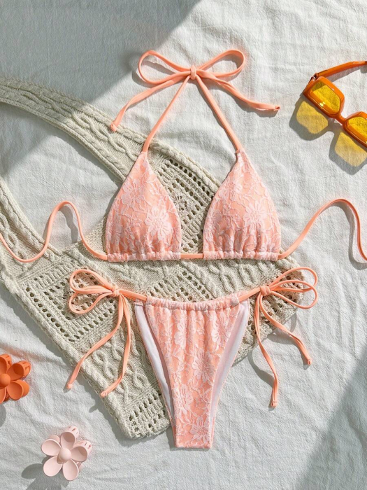 Costum de baie, blue, din 2 piese, cu aspect dantelat [5]