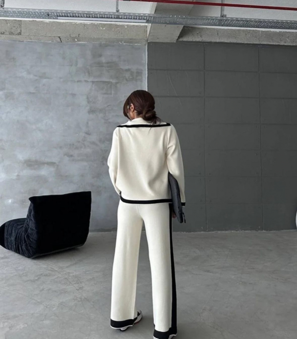 Costum din 2 piese bluza si pantaloni evazati, alb [2]