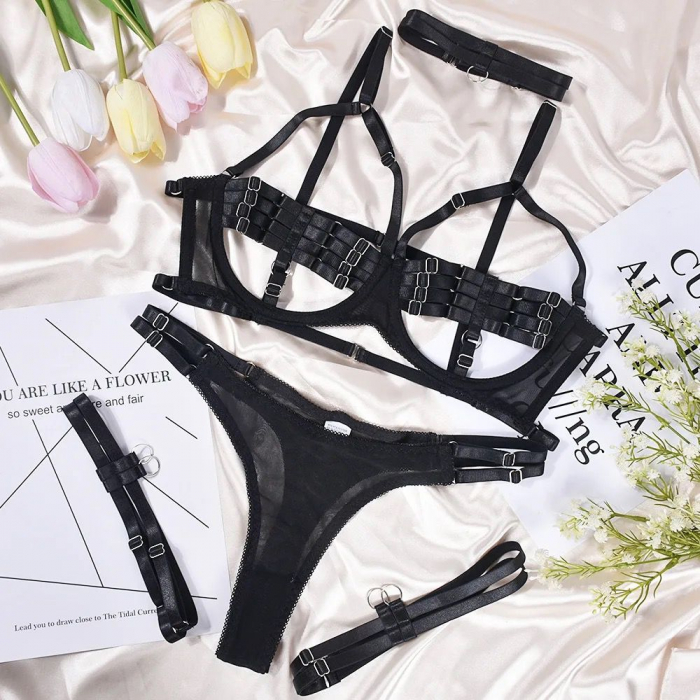 Lenjerie intima 4 piese, cu decupaje, negru [5]