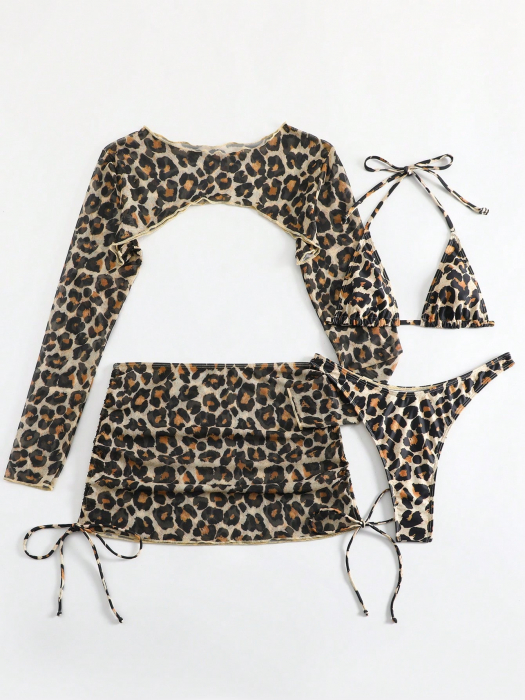 Lenjerie intima 4 piese, cu imprimeu animal print si slip tanga [5]