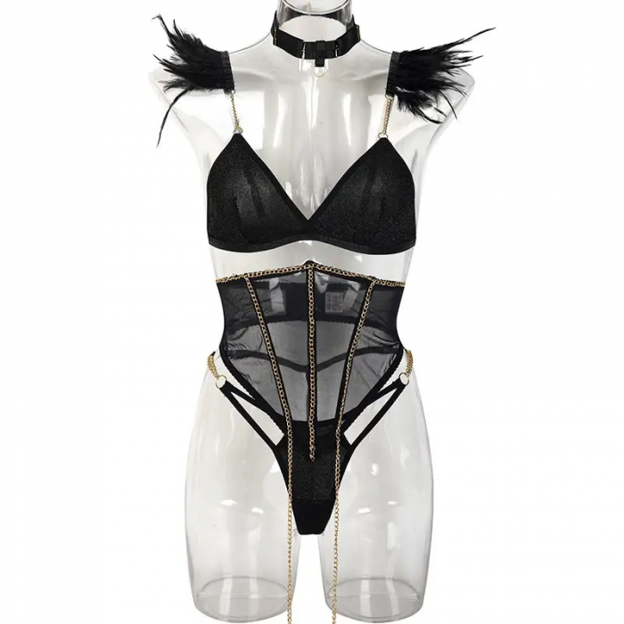 Lenjerie intima 4 piese, cu strasuri si pene [5]