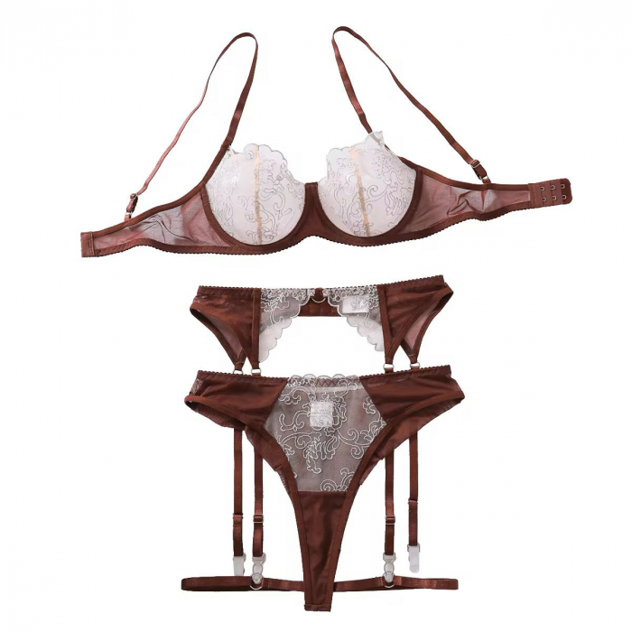Set lenjerie intima din dantela fina, format din 4 piese: sutien, chilot, portjartier si jartiere. [3]
