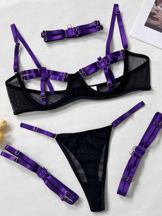 Lenjerie intima din 4 piese, cu decupaj, mov [3]