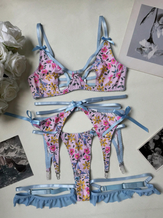 Lenjerie intima din 4 piese, din dantela, multicolor [3]