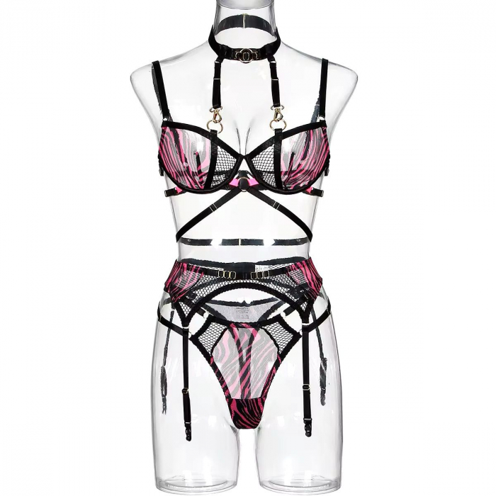 Set Lenjerie Intimă 5 Piese Fucsia cu Negru și Accente Aurii – Eleganță și Senzualitate [9]
