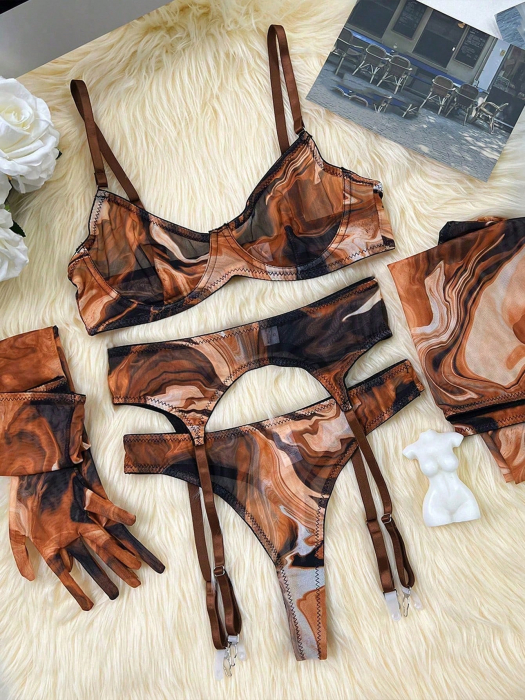 Lenjerie intima din 5 piese, cu imprimeu marble [6]