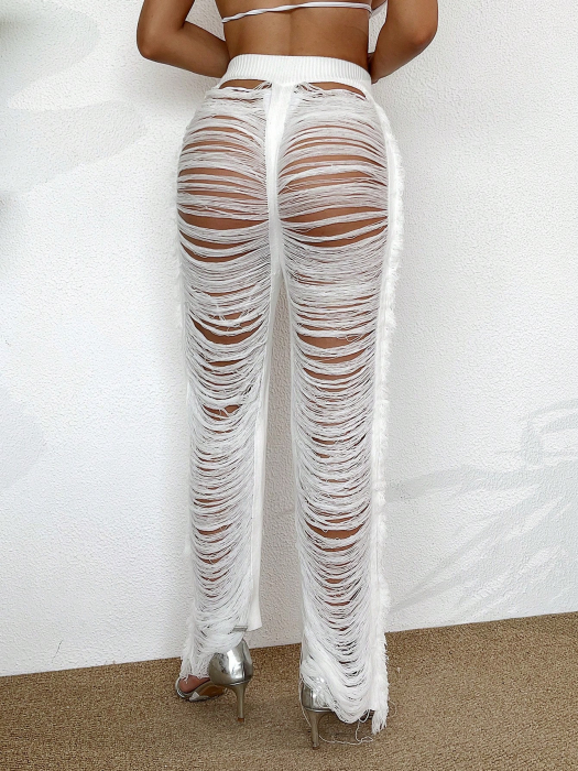 Pantaloni de plaja cu franjuri, alb [5]