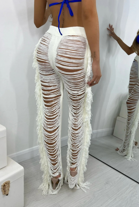 Pantaloni de plaja cu franjuri, alb [4]