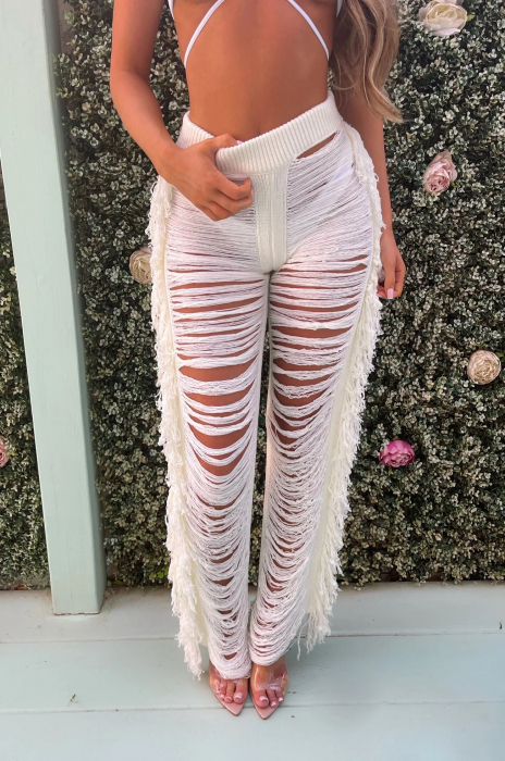 Pantaloni de plaja cu franjuri, alb [2]