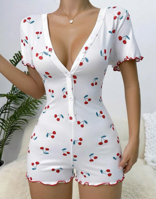 Pijama tip salopeta cu imprimeu si nasturi [3]