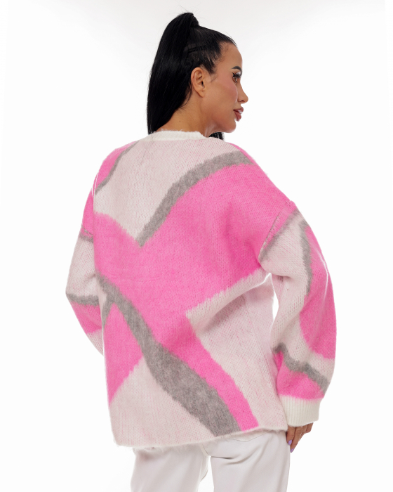Pulover oversize cu detalii gri si roz [3]