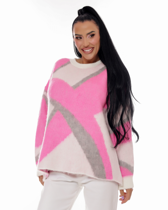 Pulover oversize cu detalii gri si roz [4]