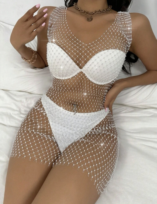 Rochie de plaja scurta, cu model plasa si strasuri [3]