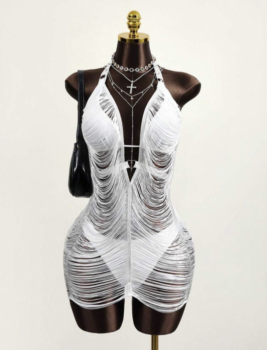 Rochie de plaja scurta, cu franjuri, alb [3]