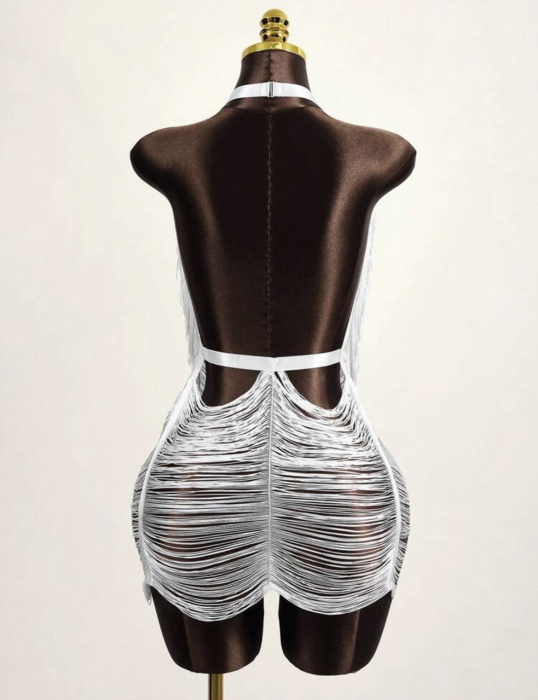 Rochie de plaja scurta, cu franjuri, alb [2]