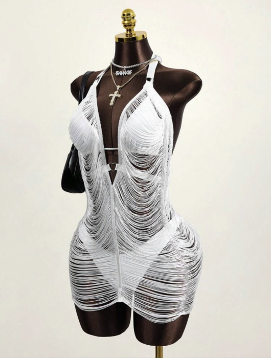 Rochie de plaja scurta, cu franjuri, alb [4]