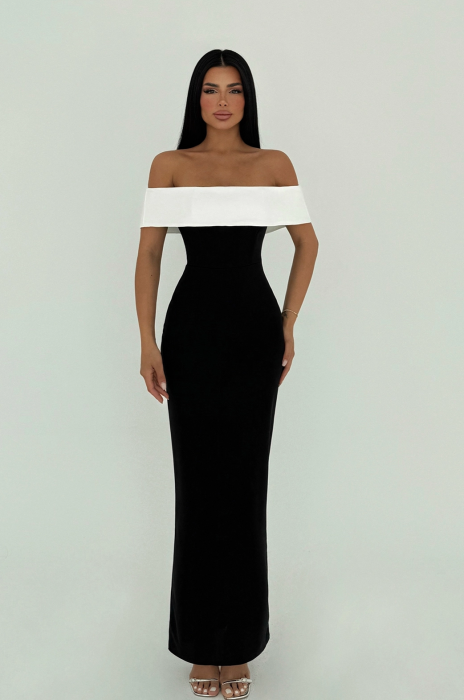 Rochie lunga neagra cu detalii albe pe umeri [2]