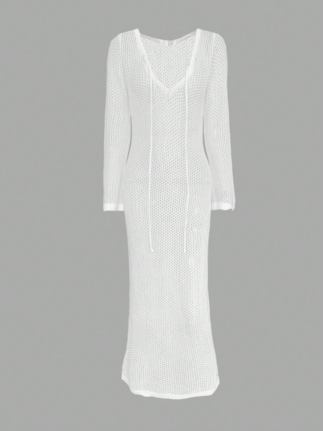Rochie lunga de plaja, din material tricotat, alb, cu snur [7]