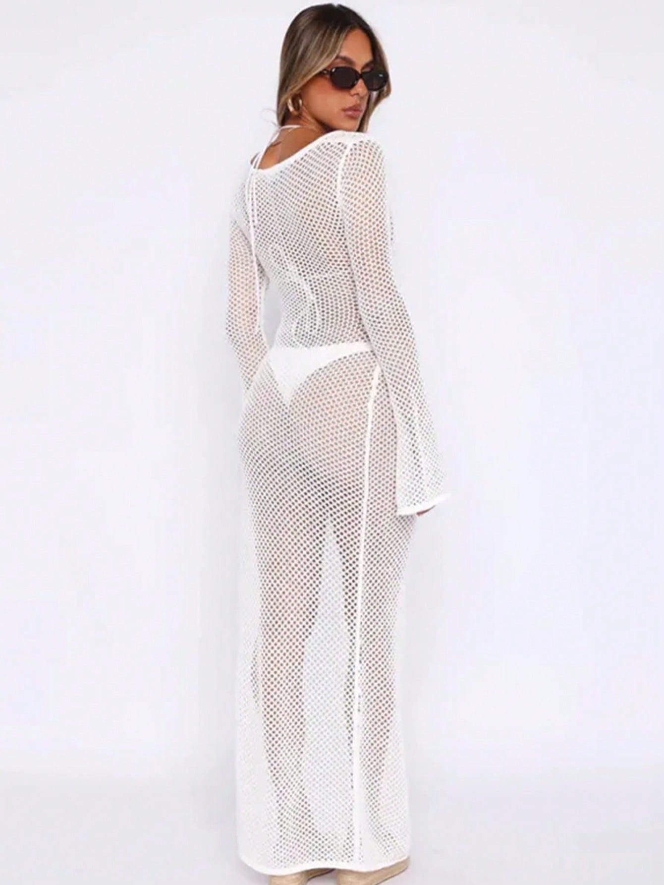 Rochie lunga de plaja, din material tricotat, alb, cu snur [3]