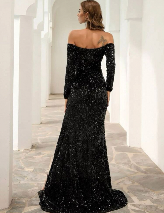 Rochie lunga din paiete crapata pe picior, negru [4]