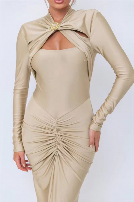 Rochie lunga eleganta cu maneca lunga, bej [8]