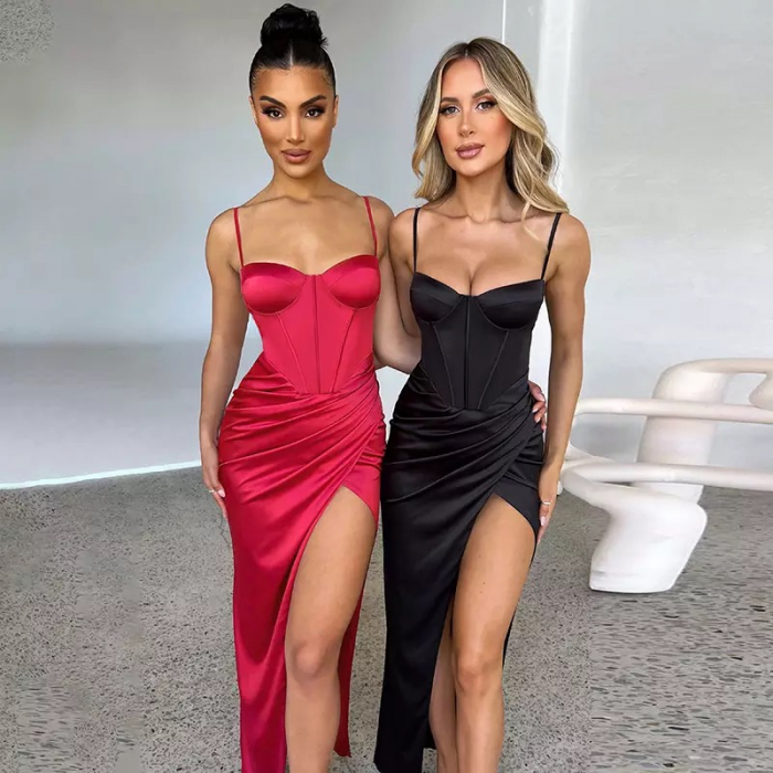 Rochie lunga din satin crapata pe picior si cupe buretate [2]