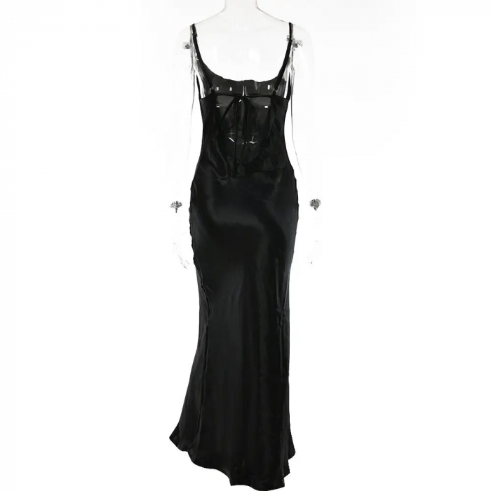 Rochie lunga satinata cu spatele gol si decolteu drapat, negru [4]