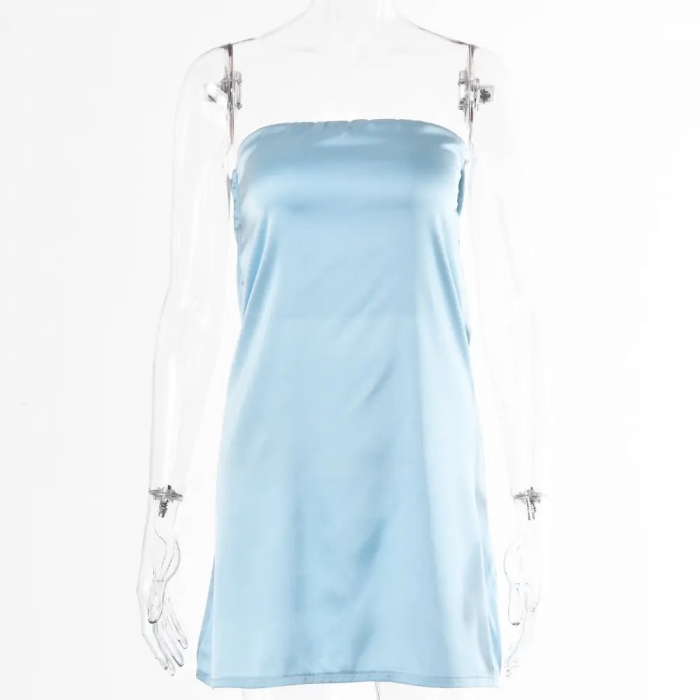 Rochie mini din satin fara maneci si aspect stralucitor [3]