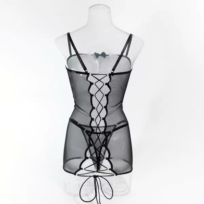 Rochie Neagră cu Decupaj la Spate și Șnur, Chilot Tanga [4]