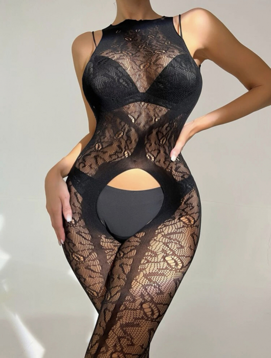 Tuta nera in rete con motivo e cut-out