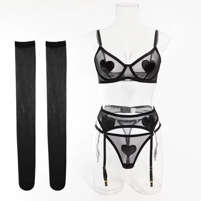 Set 4 piese cu imprimeu inimioare, negru [2]