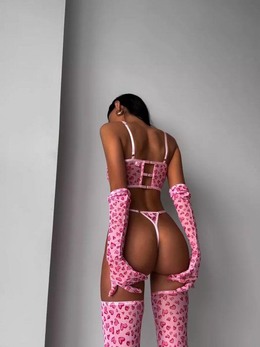 Set de lenjerie intima 4 piese, animal print roz [3]