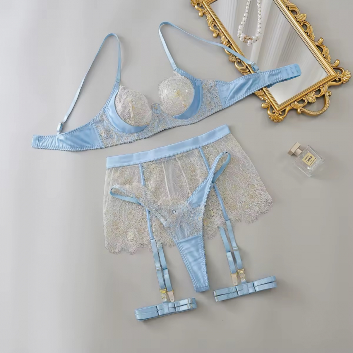 Set lenjerie intimă bleu din satin și dantelă albă – 4 piese [7]
